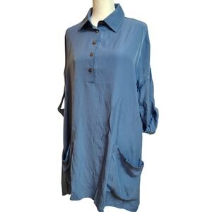 Paisley Vine Tunic‎ Womens Size L Large Blue Button-Up Shimmer Comfy Lagenlook